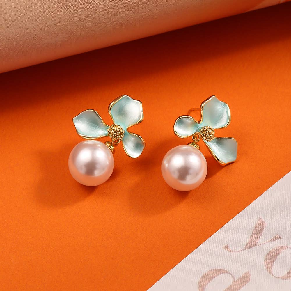 Last True Angel - Pearl Drop Flower Earring in Pale Blue & Gold
