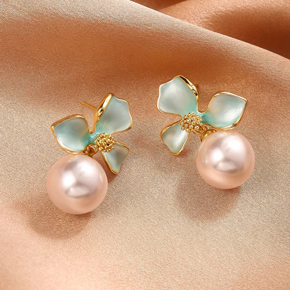 Last True Angel - Pearl Drop Flower Earring in Pale Blue & Gold