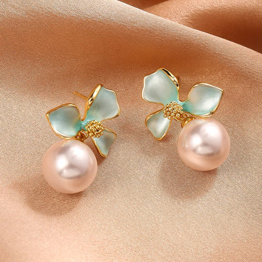 Last True Angel - Pearl Drop Flower Earring in Pale Blue & Gold