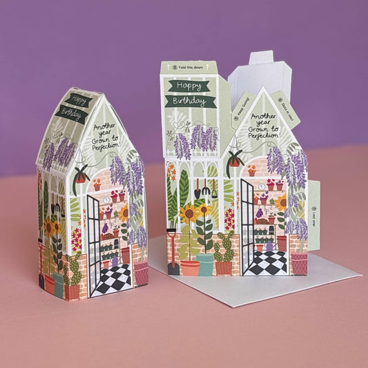 Two For Joy Illustration - Greenhouse Birthday Card – 3D Slot Together Greeting Card