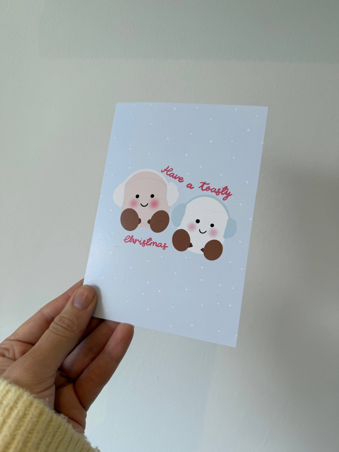 Gallerybylara - "Have a toasty Christmas" card. Cuddly toy. A6. Marshmallows