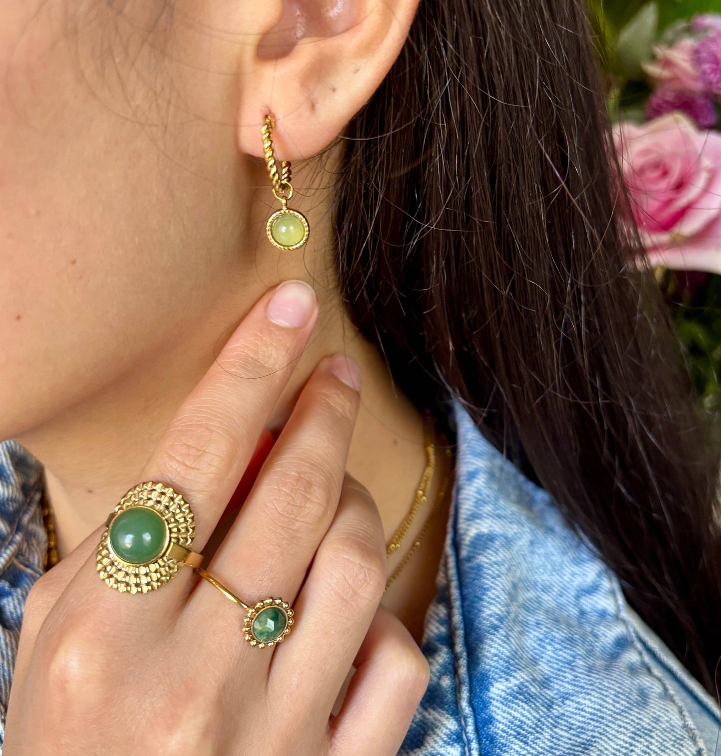 Ocean Ripples - 18ct Gold Plated Aventurine Twisted Hoop Earrings