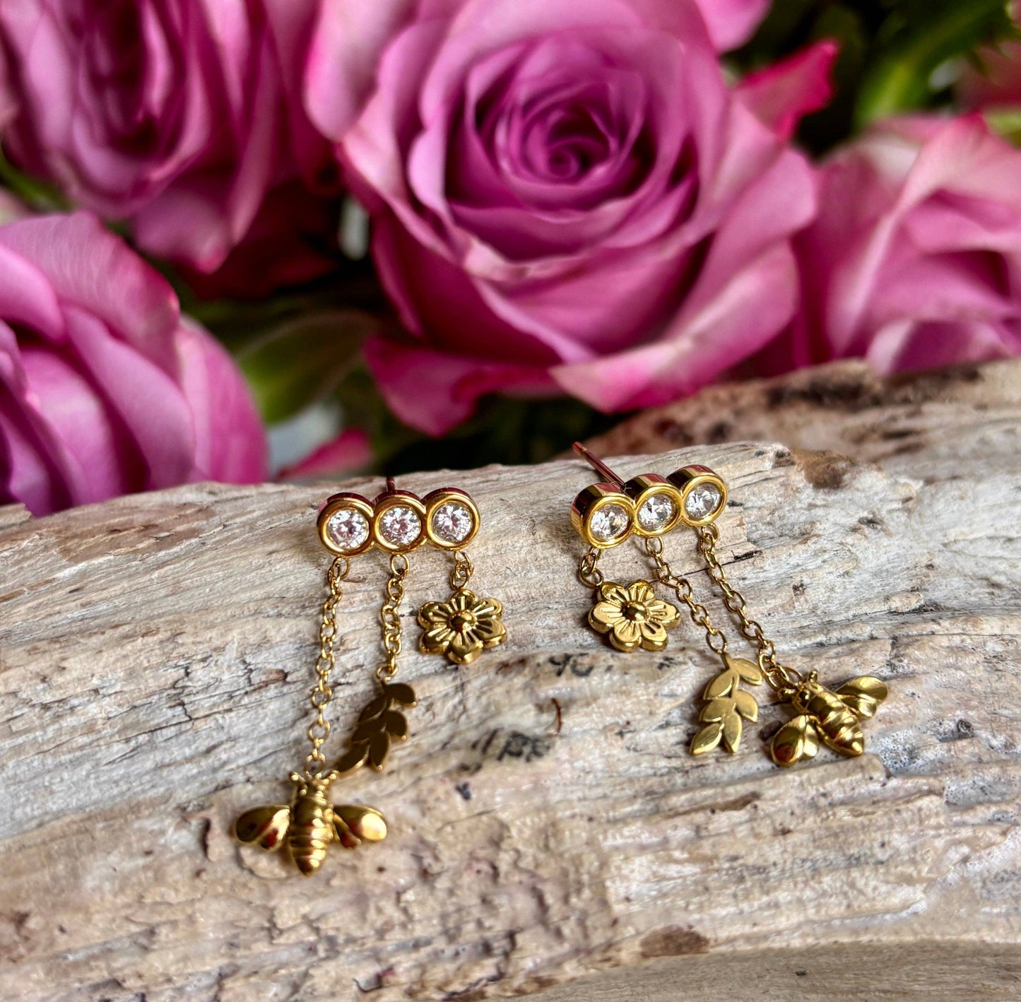 Ocean Ripples - 18ct Gold Plated Cubic Zirconia Honeybee Charm Drop Earrings