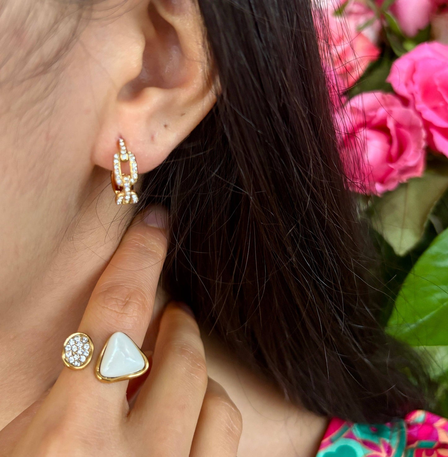 Ocean Ripples - 18ct Gold Plated Cubic Zirconia Link Hoop Earrings