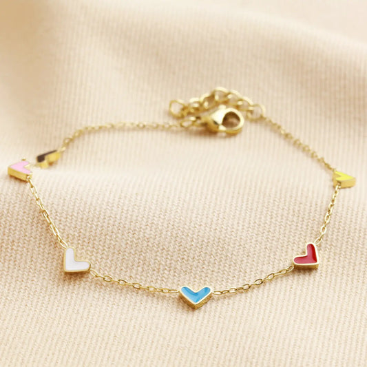 Gold Stainless Steel Rainbow Enamel Heart Charm Bracelet
