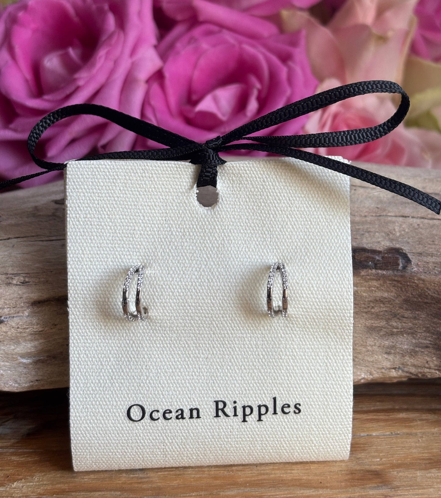 Ocean Ripples - 925 Sterling Silver Cubic Zirconia Double Hoop Earrings   