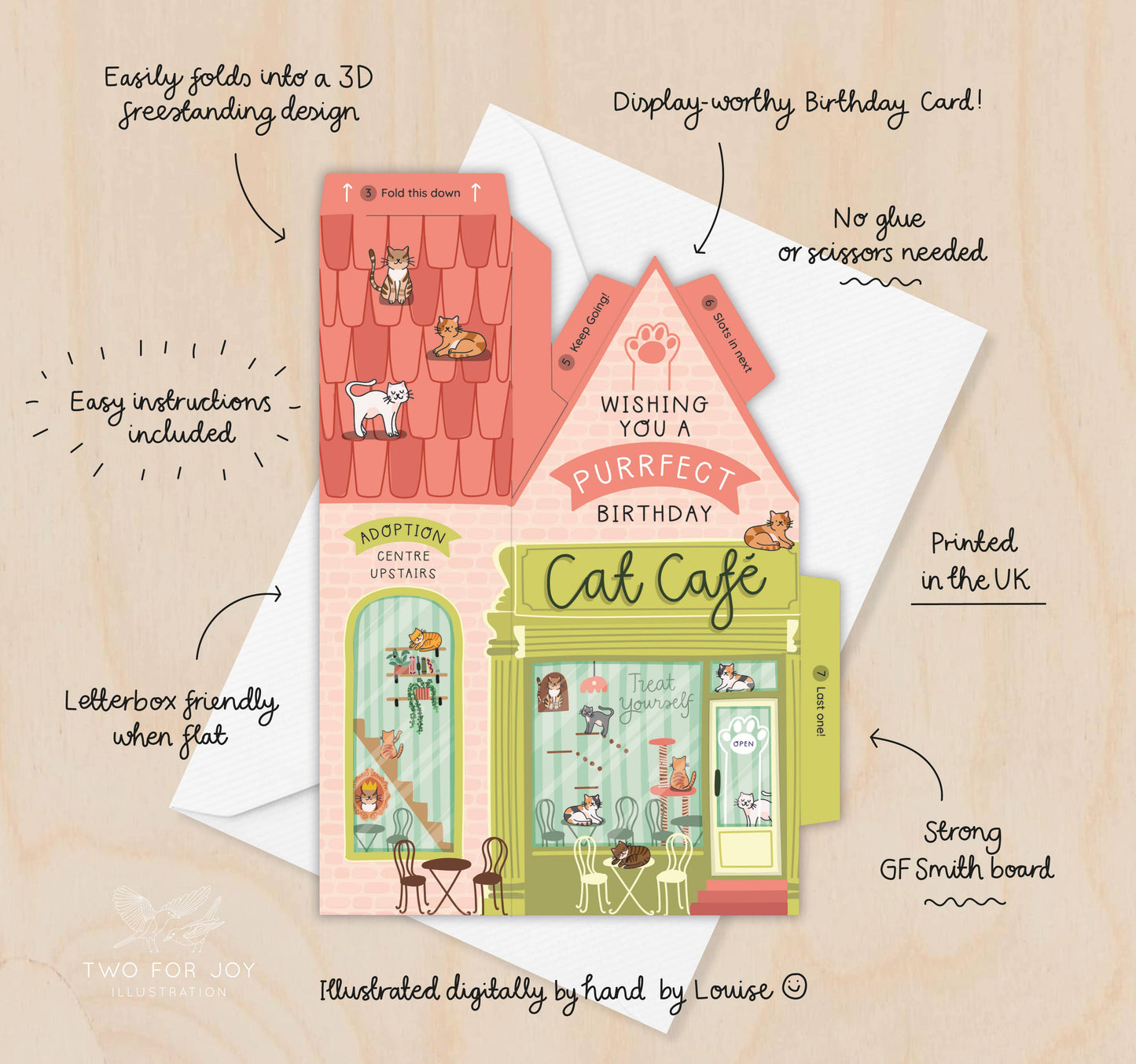 Two For Joy Illustration - Cat Cafe Birthday Card – 3D Slot Together Card Greeting Card