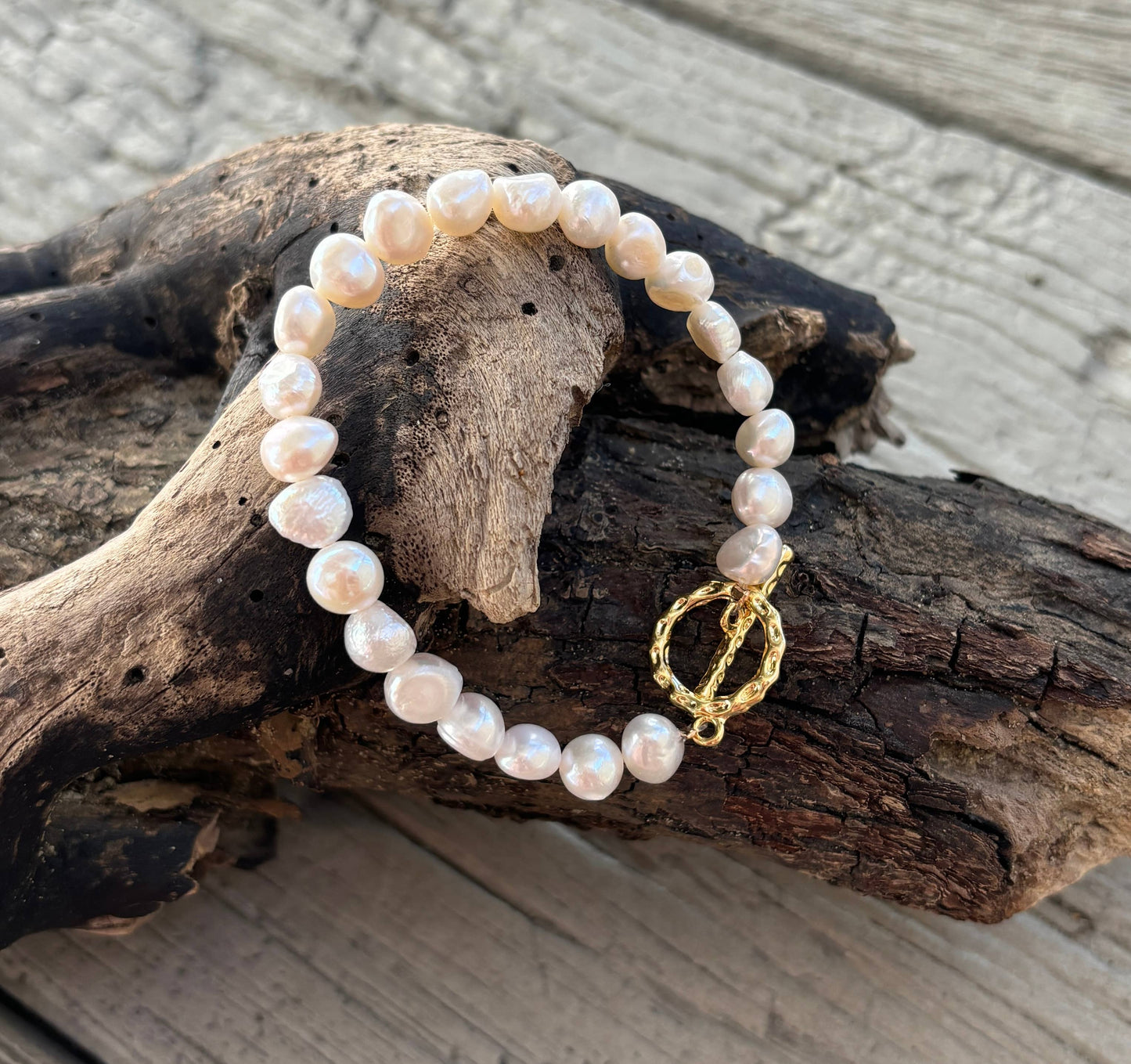 Ocean Ripples - 14ct Gold Plated Fresh Water Pearl T Bar Bracelet