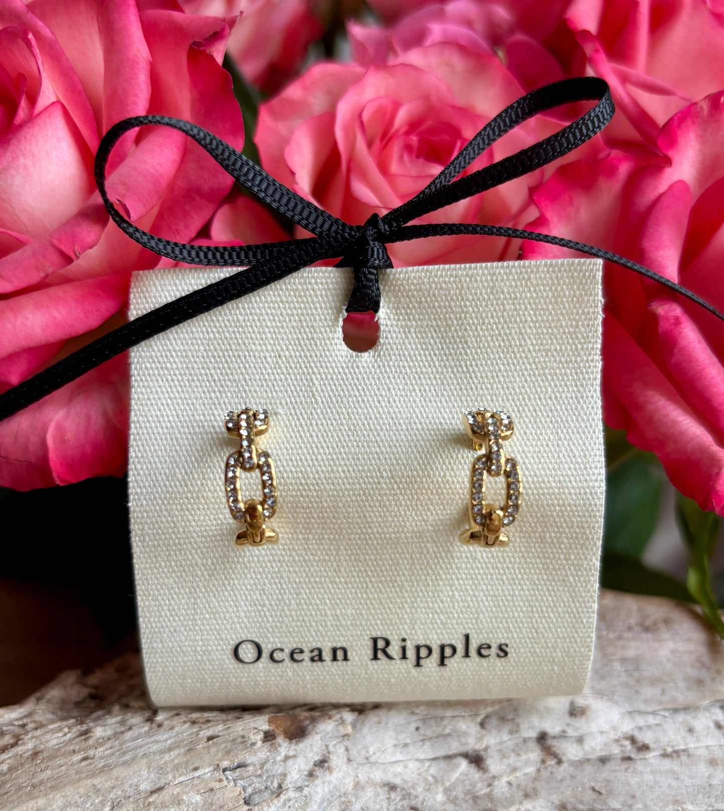 Ocean Ripples - 18ct Gold Plated Cubic Zirconia Link Hoop Earrings