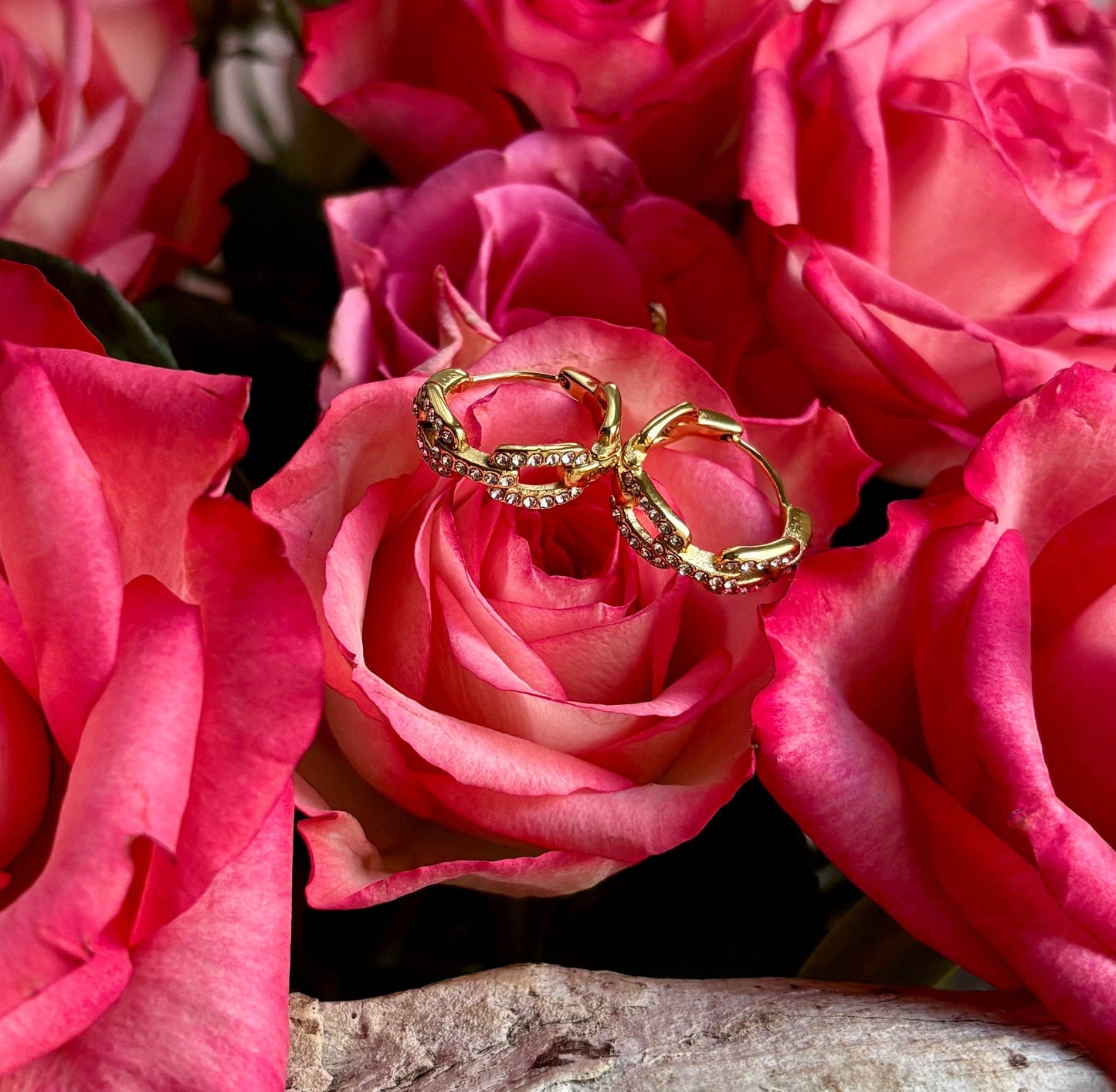 Ocean Ripples - 18ct Gold Plated Cubic Zirconia Link Hoop Earrings