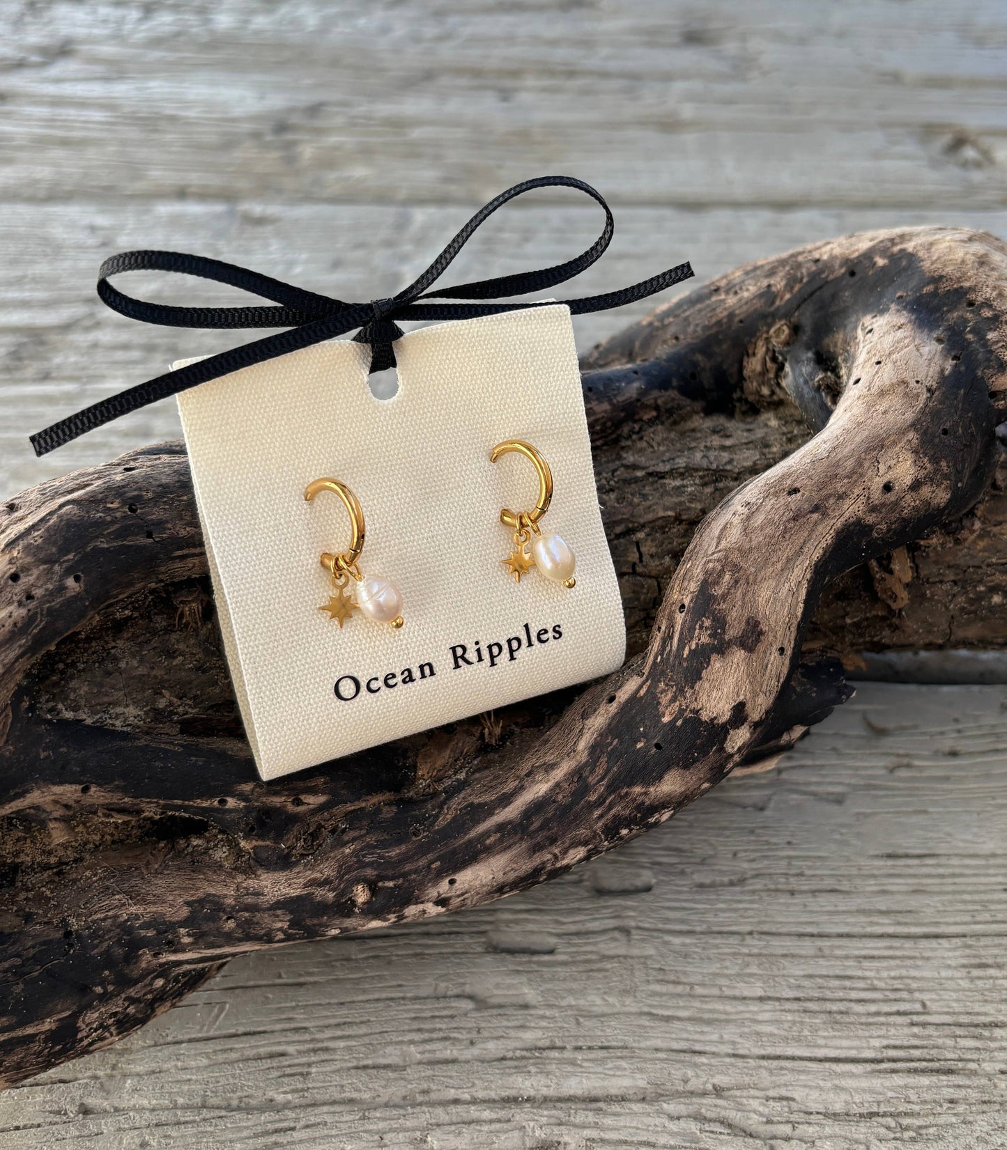 Ocean Ripples - 18ct Gold Plated Fresh Water Pearl Gold Star Huggie Earrings