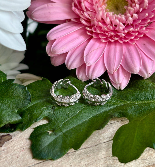 Ocean Ripples - 925 Sterling Silver Cubic Zirconia Leaf Huggie Earrings 