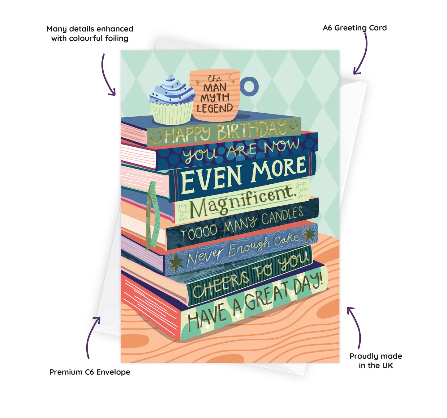 Two For Joy Illustration - Even More Magnificent Birthday - Bookish Birthday Card for Him - Foiled