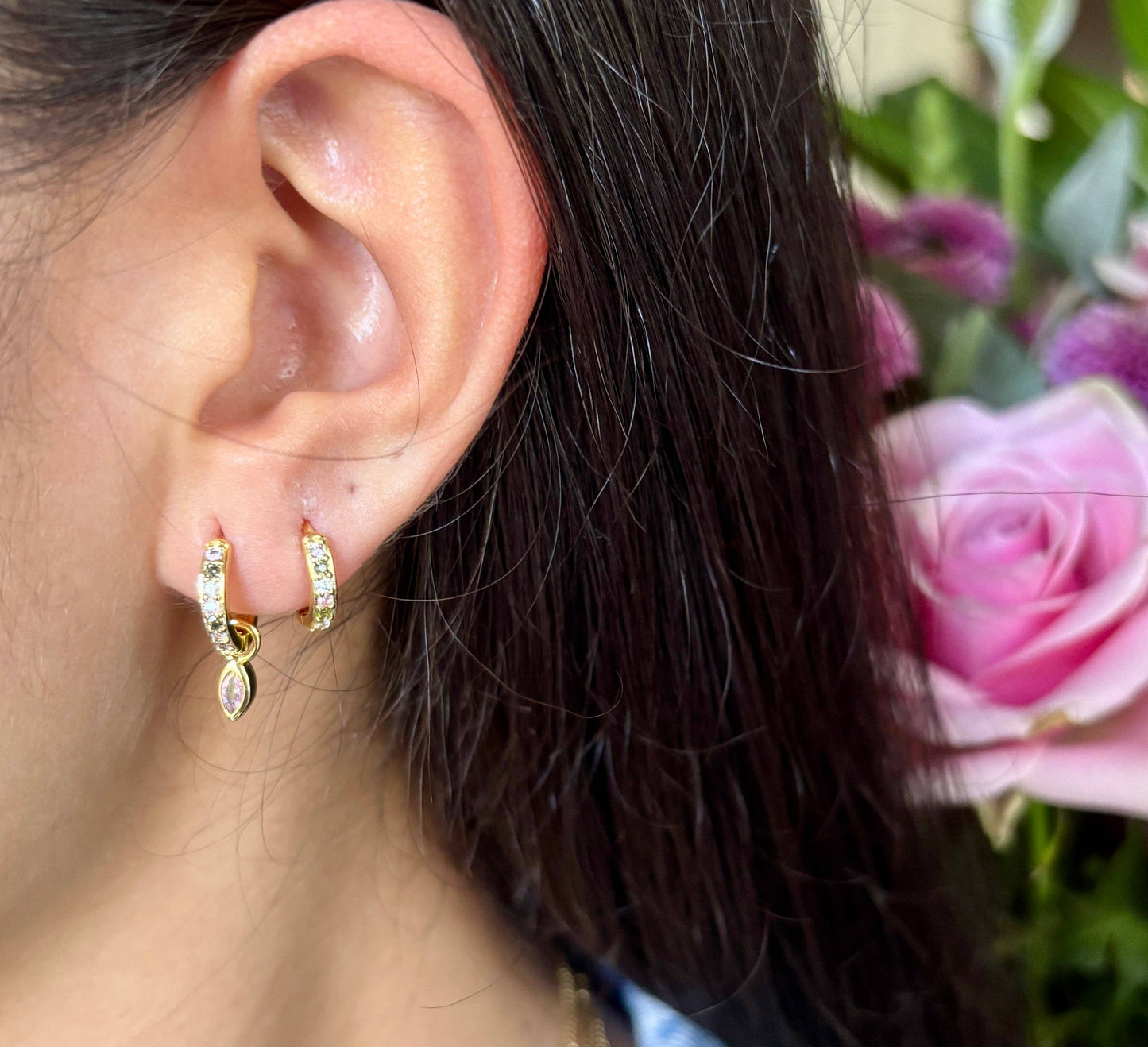 Ocean Ripples - 18ct Gold Plated Cubic Zirconia Drop Huggie Earrings