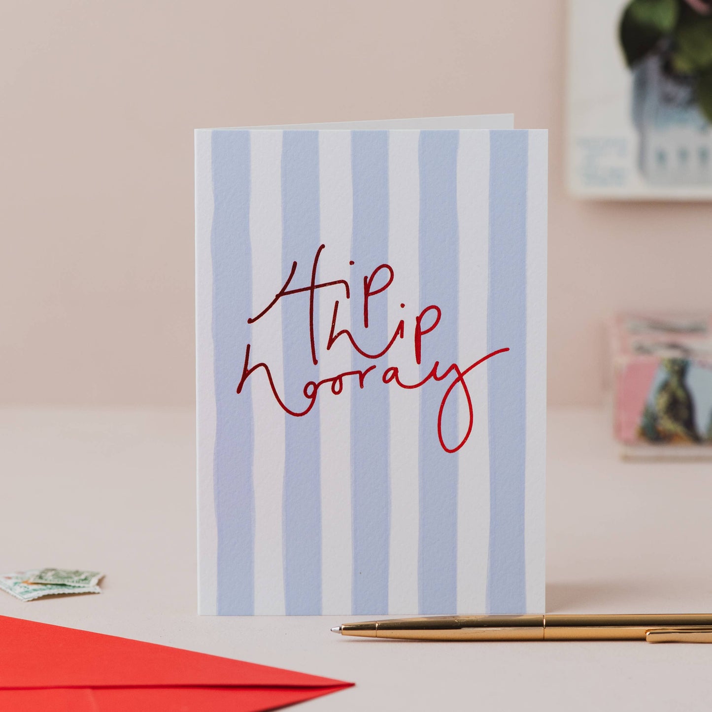 Oh Squirrel - 'Hip Hip Hooray' Blue Stripe and Red Foil Lettering Card