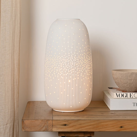 Ceramic WHITE TALL RIBBED TABLE LAMP