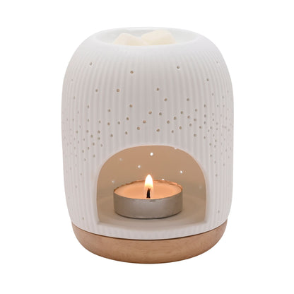 WHITE RINGED CERAMIC WAX MELT BURNER WITH PIN HOLE DETAIL