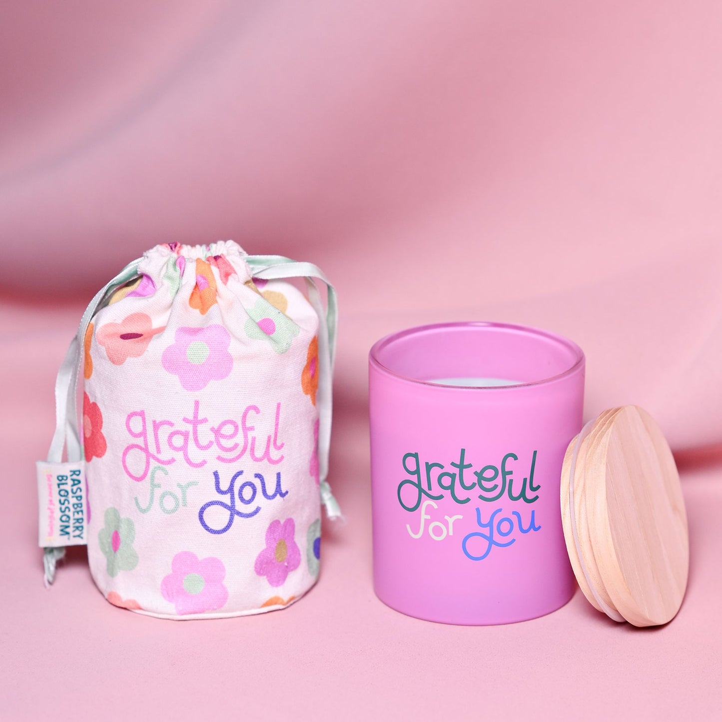 RASPBERRY BLOSSOM FRAGRANCED CANDLE IN A POUCH - "GRATEFUL FOR YOU"