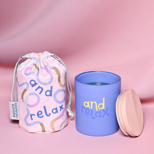 RASPBERRY BLOSSOM FRAGRANCED CANDLE IN A POUCH - "AND RELAX"