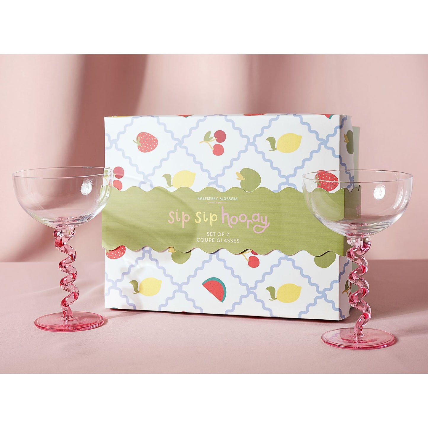 RASPBERRY BLOSSOM PAIR OF COUPES WITH WIGGLE STEMS IN A GIFTBOX