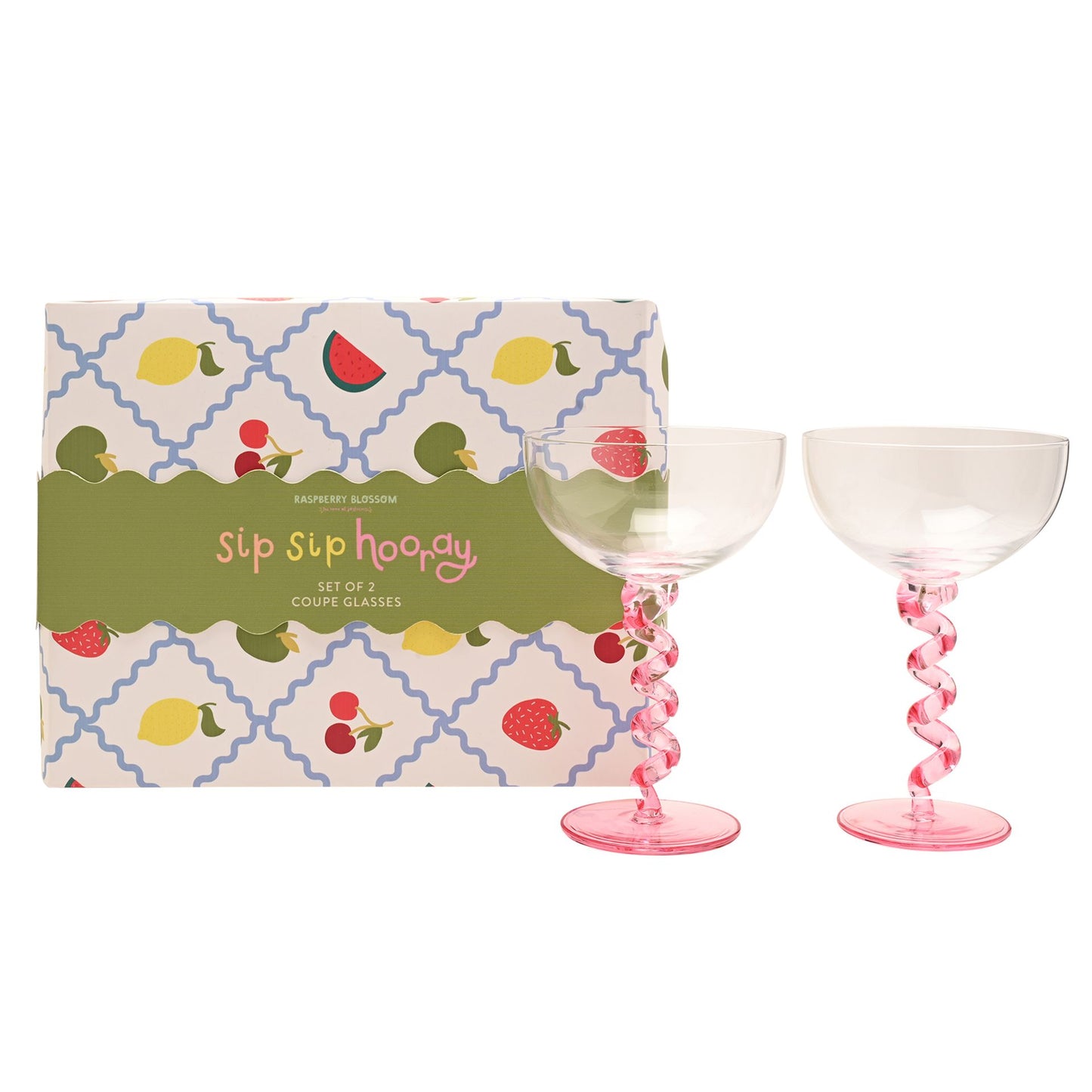 RASPBERRY BLOSSOM PAIR OF COUPES WITH WIGGLE STEMS IN A GIFTBOX