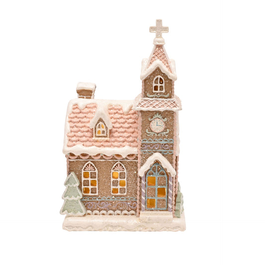 SANTA & FRIENDS LIGHT UP PASTEL GINGERBREAD CHURCH - 23CM