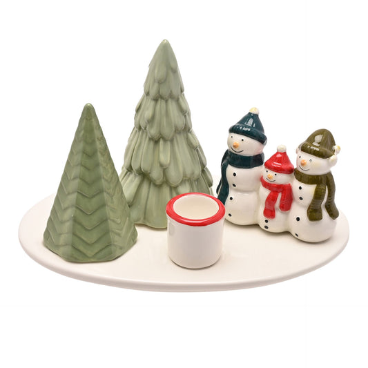 SANTA & FRIENDS CERAMIC SNOWMAN SCENE CANDLE HOLDER